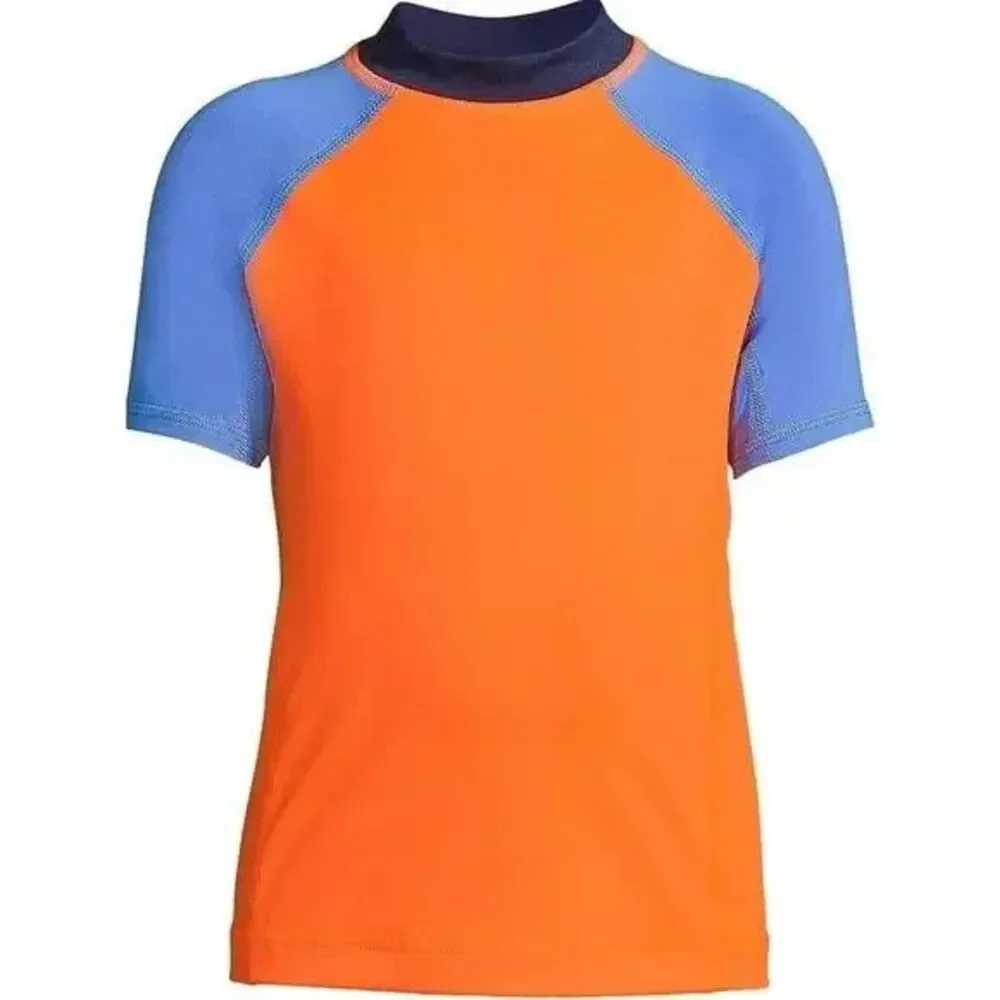 Lands’ End Boys XL Husky Rash Guard Colorblock Orange Blue Short Sleeve Swim Top